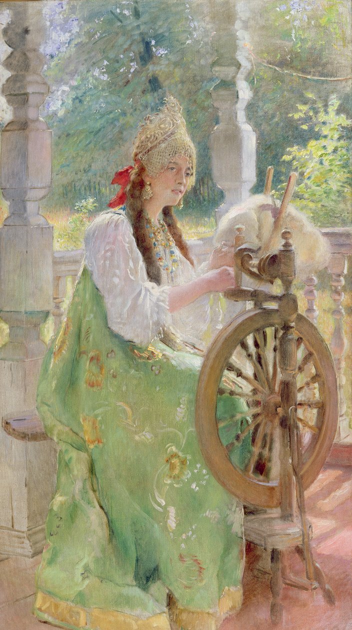Na roda de fiar de Konstantin Egorovich Makovsky