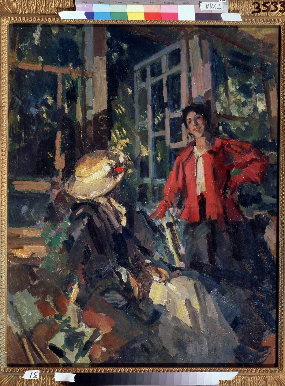 Na Janela. Duas jovens mulheres, uma muito sorridente, a outra muito elegante, em frente a uma grande janela da baía. Pintura de Konstantin Alexeyevich Korovin (Constantin Korovine) (1861-1939), óleo sobre tela de Konstantin Alekseevich Korovin