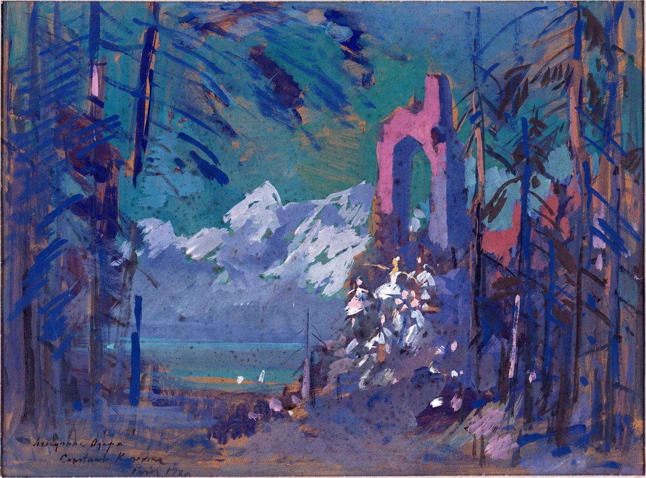 Decoração preparatória para o ballet "Swan Lake" de Pyotr Tchaikovsky (1840-1893). Obra de Konstantin Alexeyevich Korovin (Constantin Korovine) (1861-1939), aguarela sobre papelão de Konstantin Alekseevich Korovin