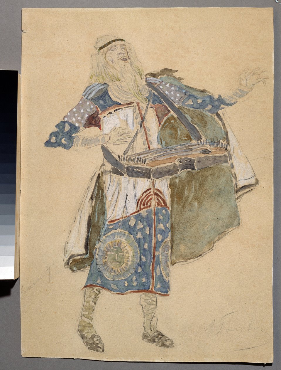 Dessin de costume para a ópera "Rouslan et Ludmila" de Mikhail Igor Glinka (1804-1857) (Desenho de fantasia para a ópera Ruslan e Lyudmila de M. Glinka). Figurino d
