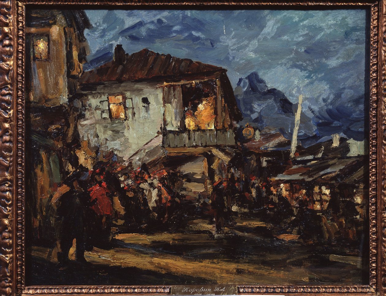 Gurzuf (Crimeia) (Gurzuf). Cena de rua na vila portuária com casas de madeira. Pintura de Konstantin Alexeyevich Korovin (Constantin Korovin) (1861-1939), óleo sobre tela de Konstantin Alekseevich Korovin
