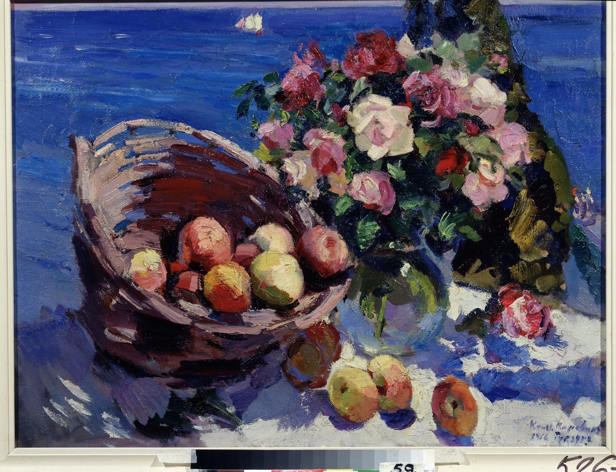 Gurzuf, Ucrânia (Gurzuf). Natureza morta de flores e frutas à beira-mar Pintura de Konstantin Alexeyevich Korovin (Constantin Korovin) (1861-1939), óleo sobre tela de Konstantin Alekseevich Korovin