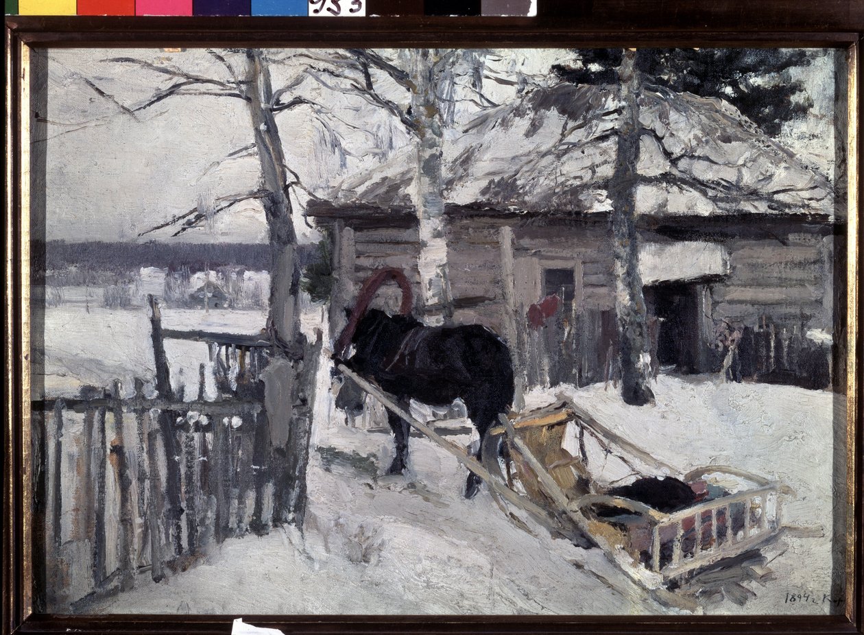 Inverno. Uma carruagem puxada a cavalo no pátio de uma casa de madeira, no campo, debaixo da neve. Pintura de Konstantin Alexeyevich Korovin (Constantin Korovine) (1861-1939), óleo sobre tela de Konstantin Alekseevich Korovin