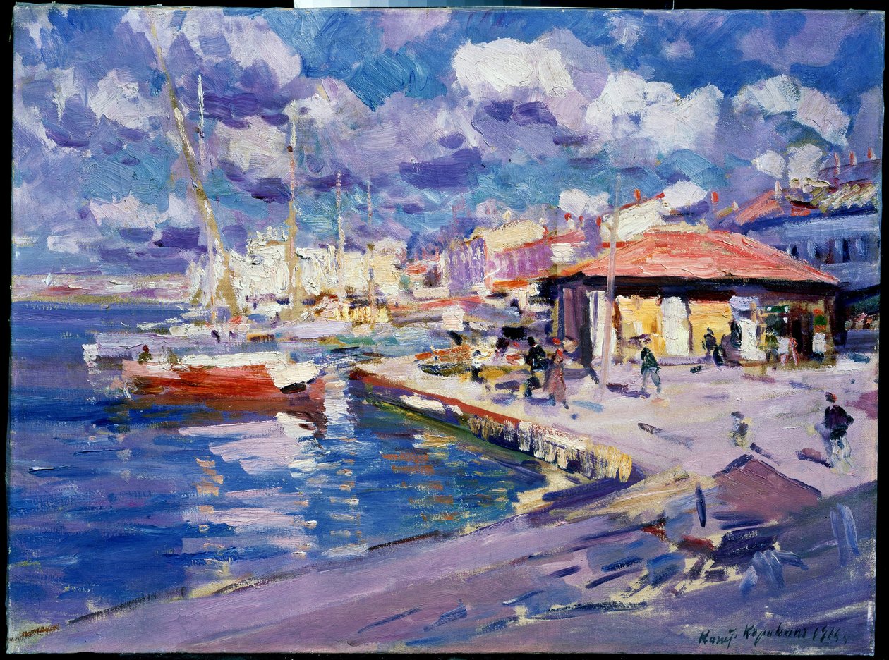 Baía de Pesca em Sevastopol (Ucrânia) (Baía de Pesca, Sebastopol). Vista do cais onde os barcos, caminhantes e edifícios estão atracados ao sol. Pintura de Konstantin Alexeyevich Korovin (Constantin Korovin) (1861-1939), óleo sobre tela de Konstantin Alekseevich Korovin