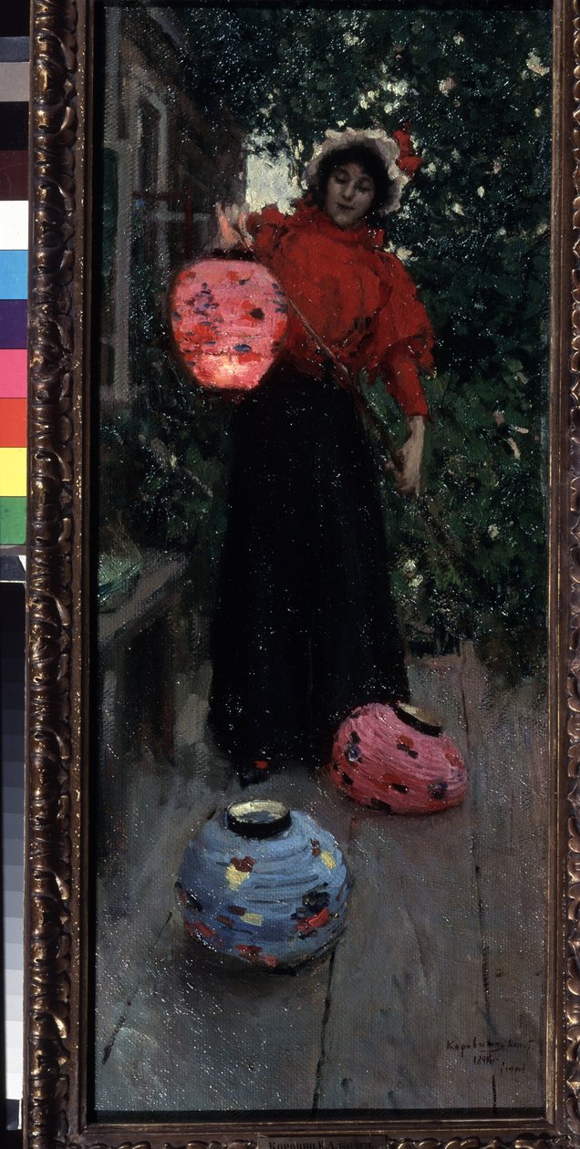 Lanternas Chinesas (Lanternas Chinesas). Uma mulher acende e instala lanternas de papel (lâmpadas) na varanda à noite. Pintura de Konstantin Alexeyevich Korovin (Constantin Korovin) (1861-1939), óleo sobre tela de Konstantin Alekseevich Korovin