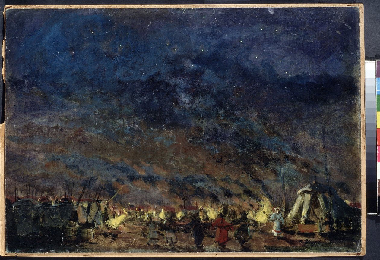 O Campo Polovtsian - Desenho de palco para o Príncipe Igor da Ópera por Alexander Borodin - Sob um céu estrelado, as tendas do campo emolduram o brilho dos fogos, no de Konstantin Alekseevich Korovin
