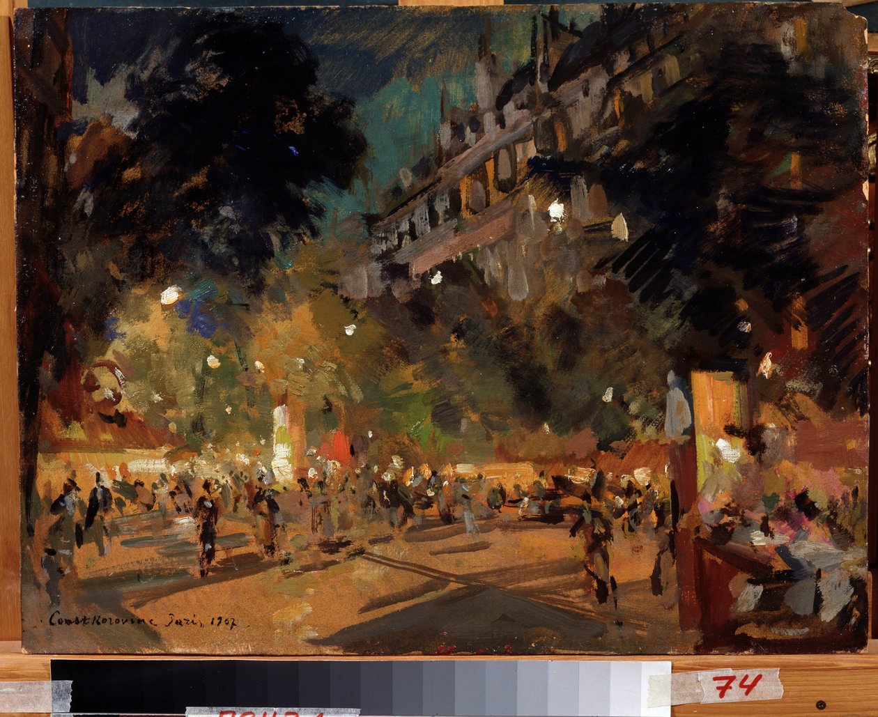Paris, França (Paris). Descrição do boulevard Montmartre e da sua animação numa noite de Verão. Pintura de Konstantin Alexeyevich Korovin (Constantin Korovine) (1861-1939), óleo sobre tela de Konstantin Alekseevich Korovin