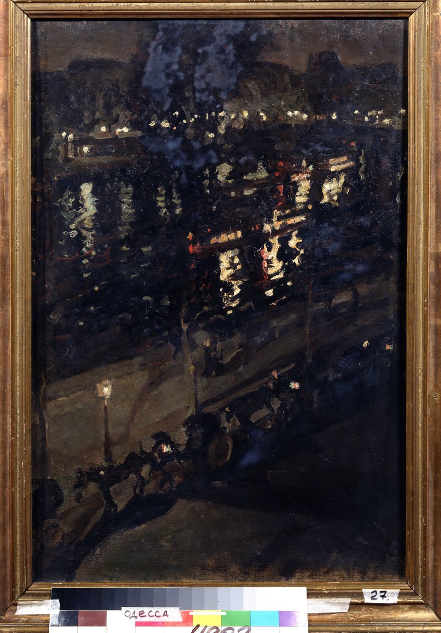 Paris à noite. Vista dos cais do Sena, com uma carruagem puxada por cavalos, e as luzes da cidade reflectidas na superfície da água. Pintura de Konstantin Alexeyevich Korovin (Constantin Korovine) (1861-1939), óleo sobre tela, arte russa de Konstantin Alekseevich Korovin