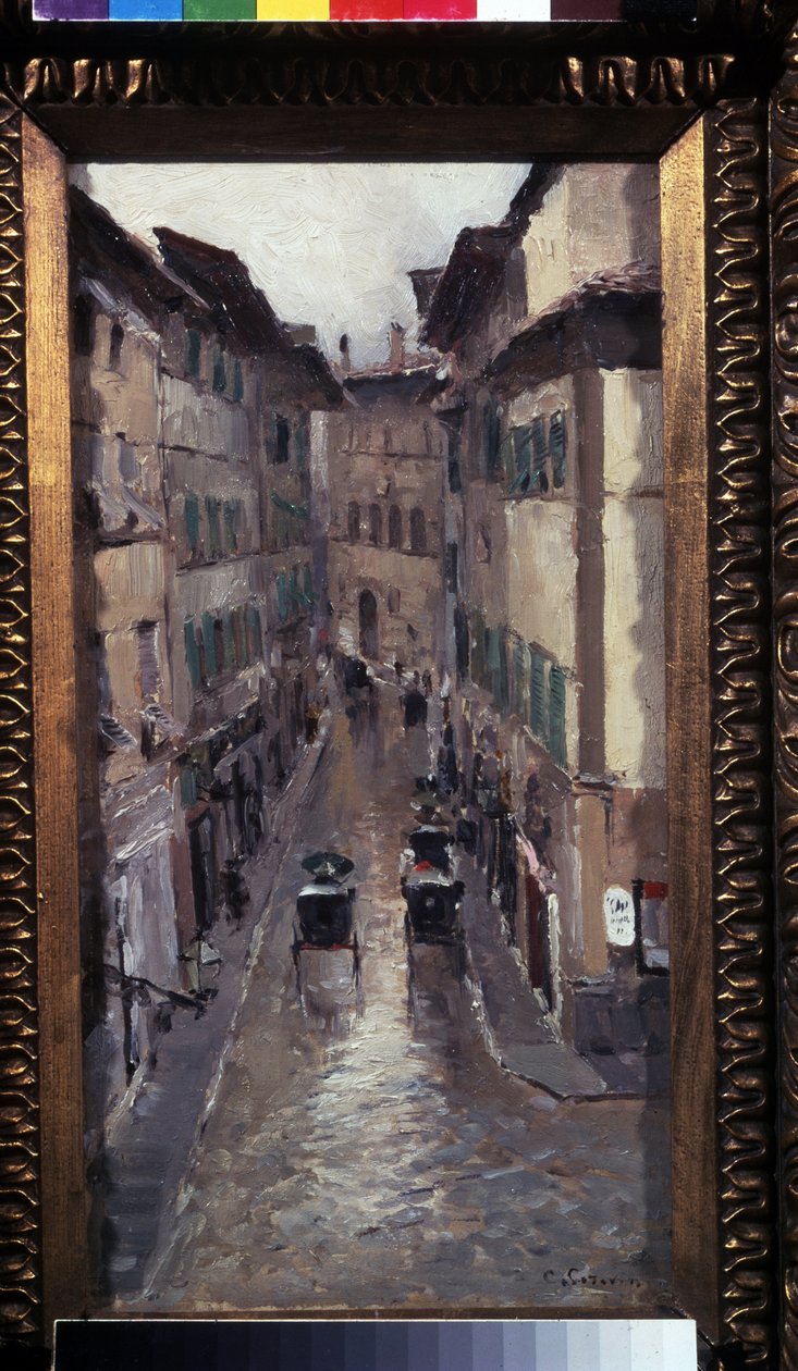 Chuva em Florença. Descrição de uma rua no centro medieval da cidade da Toscana (Itália). Pintura de Konstantin Alexeyevich Korovin (Constantin Korovine) (1861-1939), óleo sobre tela de Konstantin Alekseevich Korovin