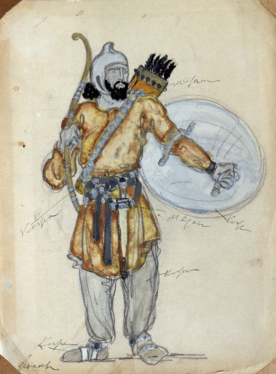 Desenho de figurino para o Príncipe Igor da ópera de Alexander Borodin (1833-1887). Trabalho de Konstantin Alexeyevich Korovin (Constantin Korovine) (1861-1939), aguarela e guache sobre papel de Konstantin Alekseevich Korovin
