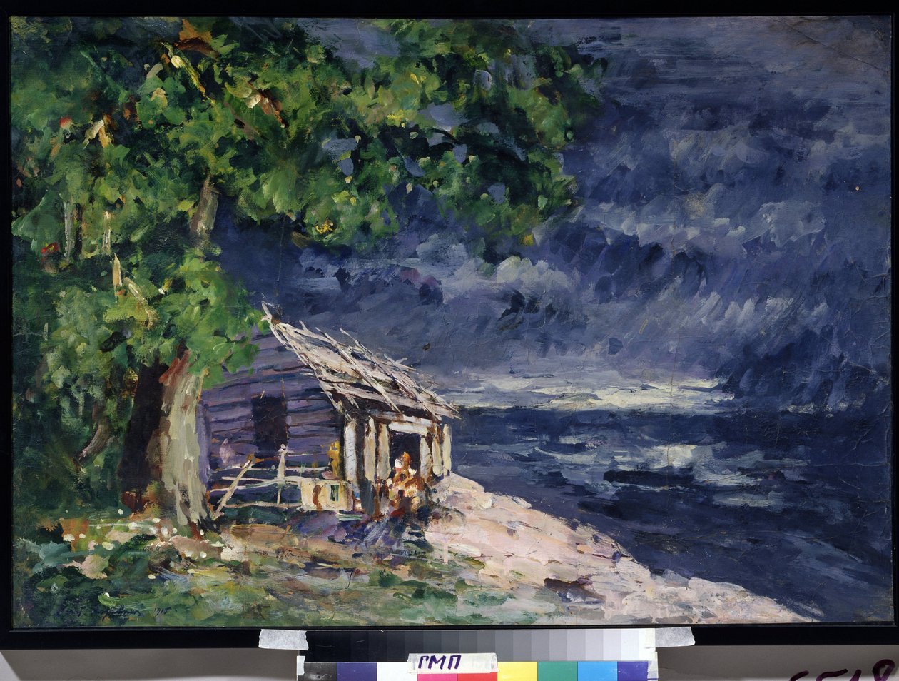 Projeto de design para o balé Le Poisson Dore de Ludwig (Leon) Minkus (cenário para o balé The Golden Fish de Ludwig Minkus) - Uma cabana de madeira à beira-mar - Obra de Konstantin Alexeyevich Korovin (Constantin Korovine) (1861) -1939) , têmpora de Konstantin Alekseevich Korovin