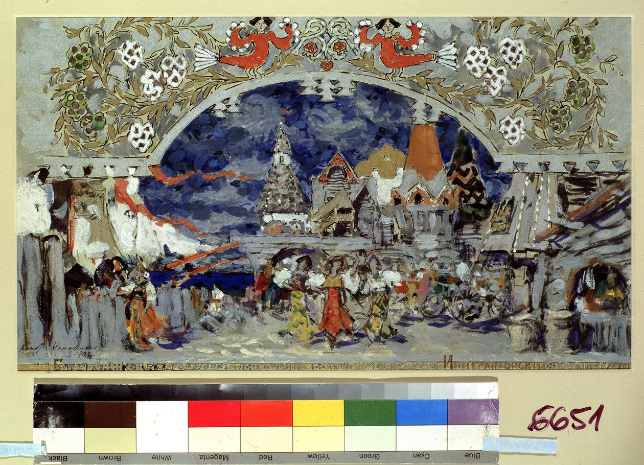 Projet de decor pour le ballet Le petit cheval bossu de Cesare Pugni (Projecto de palco para o ballet The Little Humpbacked Horse de C. Pugni). Oeuvre de Konstantin Alexeyevich Korovin (Constantin Korovine) (1861-1939), gouache, ou et argent sur carton de Konstantin Alekseevich Korovin