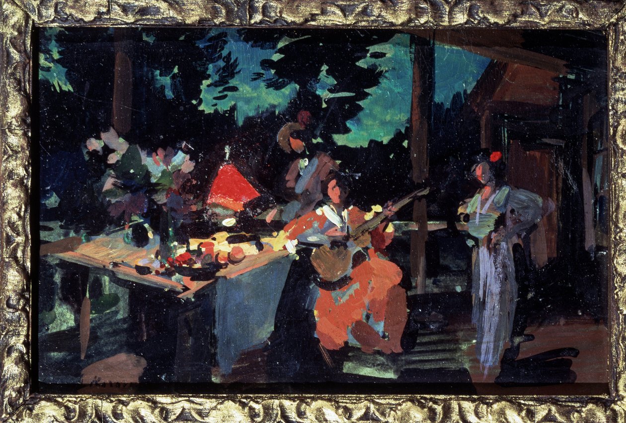 Terraço, noite na casa de campo. (Terraço. Noite na casa de campo). Mesa posta com comida, uma mulher toca violão e outros dois personagens a cercam. Obra de Konstantin Alexeyevich Korovin (Constantin Korovin) (1 de Konstantin Alekseevich Korovin