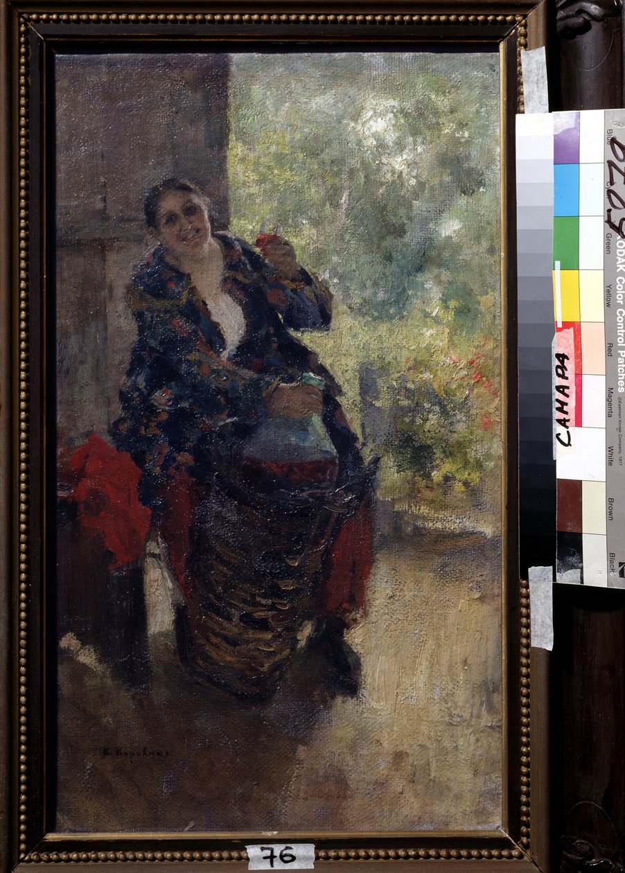 Uma Proprietária, Mulher com um copo de vinho. Uma mulher sentada forte levanta o seu copo para brindar e segura uma enorme garrafa de vinho. Pintura de Konstantin Alexeyevich Korovin (Constantin Korovine) (1861-1939), de Konstantin Alekseevich Korovin