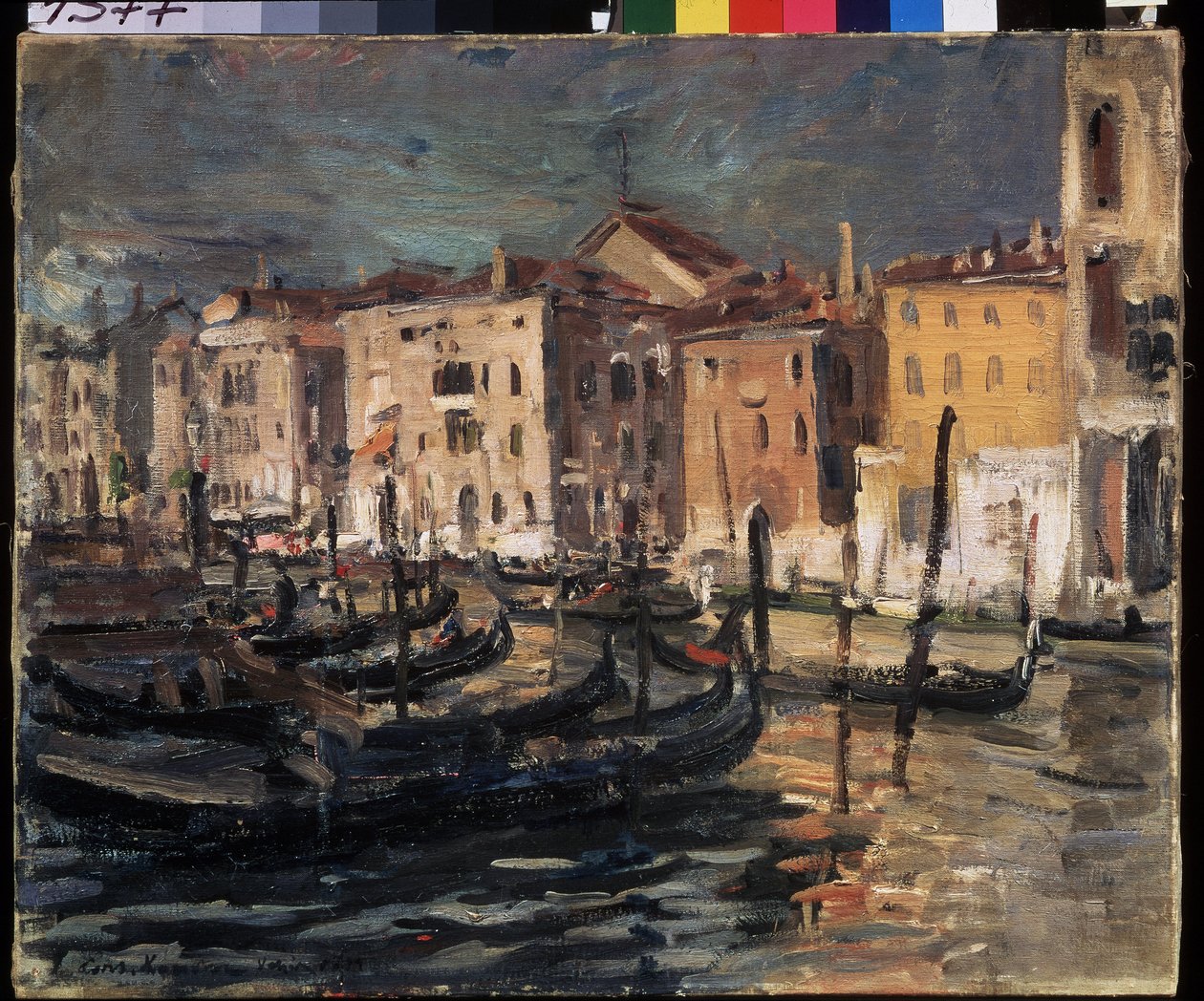 Veneza (Itália) (Veneza). O Grande Canal na lagoa de Veneza, com os cais, gôndolas e edifícios iluminados pela luz forte do sol. Pintura de Konstantin Alexeyevich Korovin (Constantin Korovin) (1861-1939), óleo sobre tela de Konstantin Alekseevich Korovin