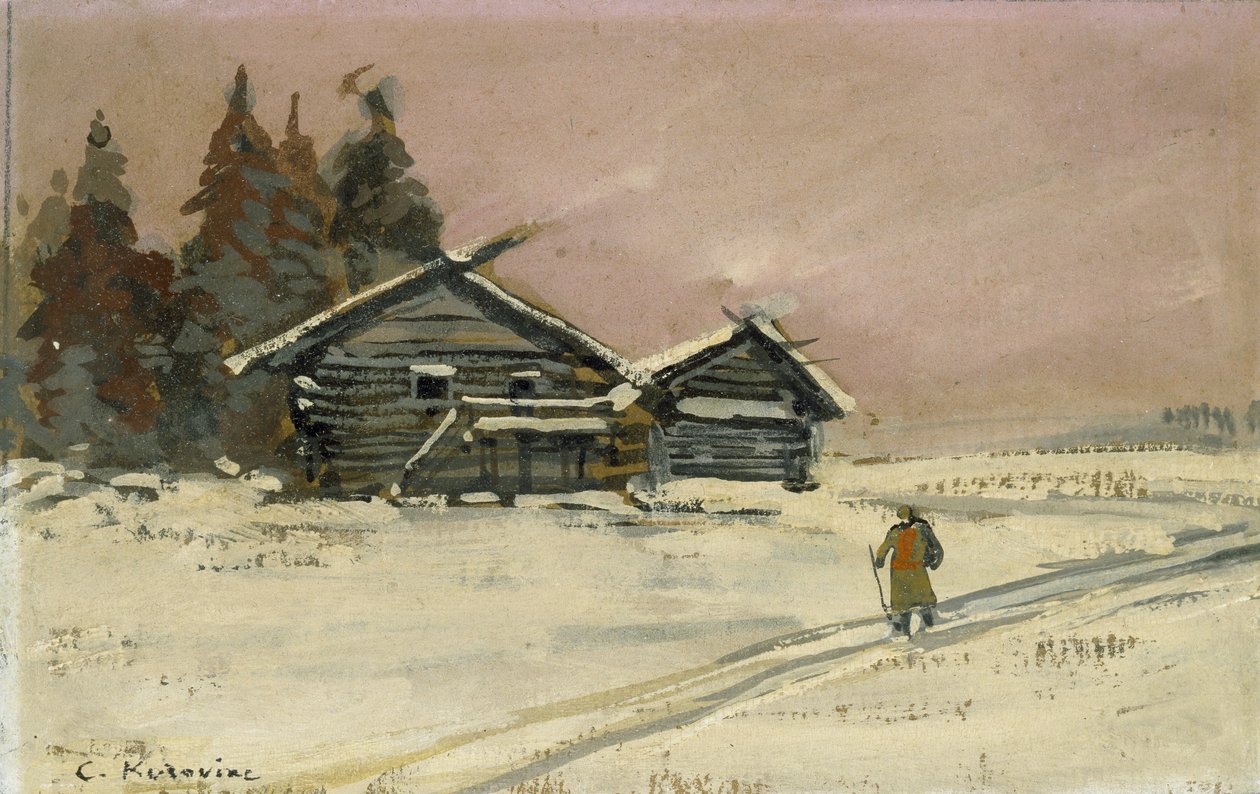 Paisagem de inverno com duas cabanas de madeira (bodycolour e óleo a bordo, montado como um desenho) de Konstantin Alekseevich Korovin