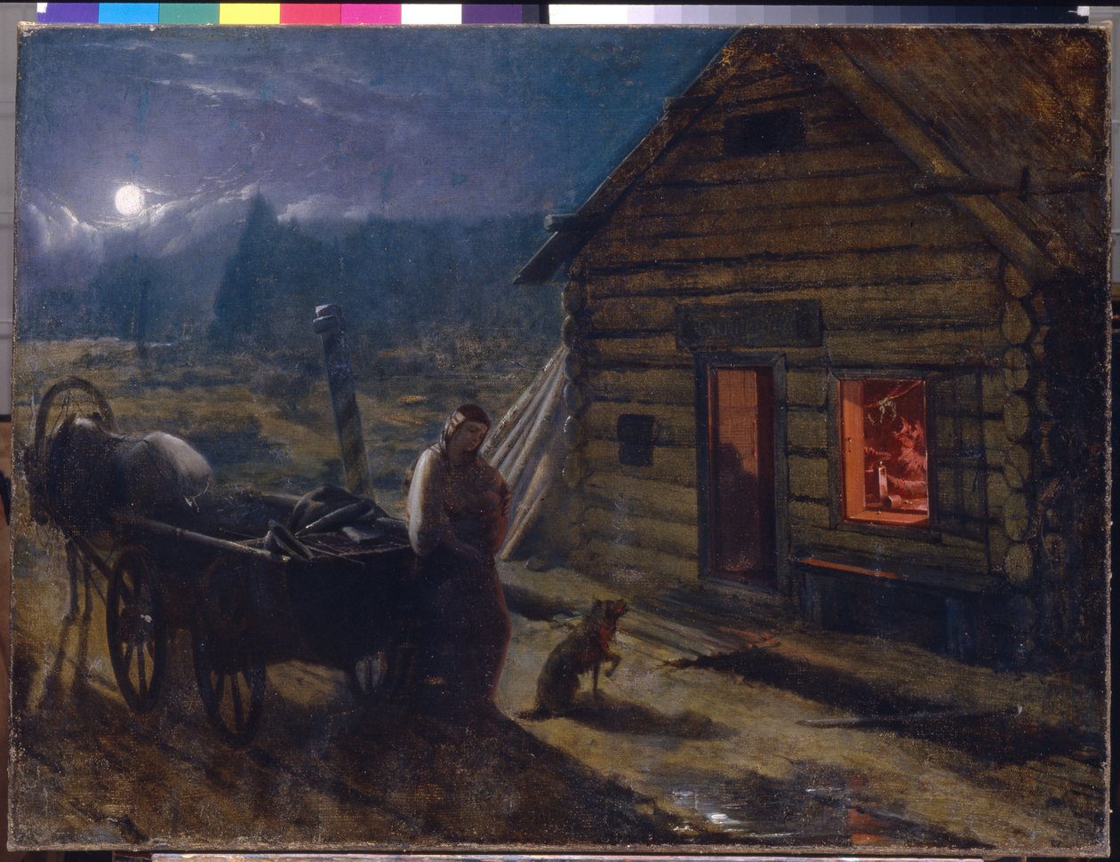 Diante de uma Taberna (cena nocturna, uma mulher com o seu bebé e um cão esperam ao lado de um carro puxado por cavalos, em frente da porta aberta de um edifício de madeira, onde os homens se reúnem para se embebedarem) - Diante de uma Taberna - Pintura de de Konstantin Alexandrovich Trutovsky