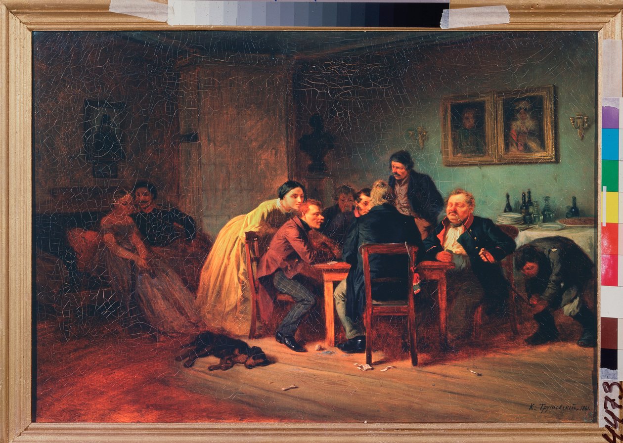 Jogo de cartas - Tarde da noite num interior burguês - Pintura de Konstantin Alexandrovich Trutovsky (Trutovsky) (1826-1893), óleo sobre tela de Konstantin Alexandrovich Trutovsky