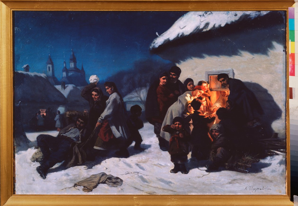 Le cantique de Noel en Ukraine (A canção de Natal na Ucrânia) - Pintura de Konstantin Alexandrovich Trutovsky (Troutovsky) (1826-1893), óleo sobre tela de Konstantin Alexandrovich Trutovsky