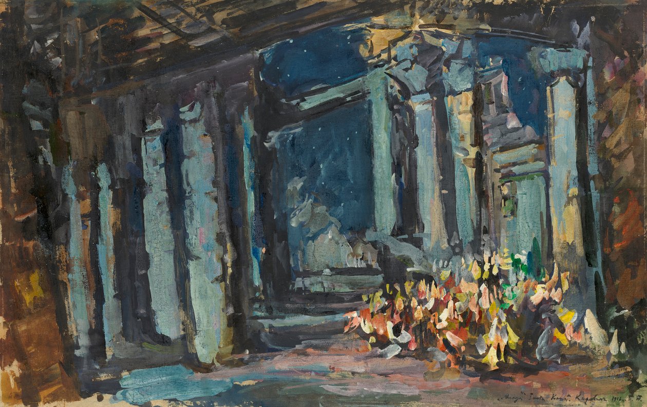 Palácio de Cleópatra, Salão Egípcio. Cenário para a ópera-ballet Mlada de Rimsky-Korsakov, 1916. de Konstantin Alexeyevich Korovin