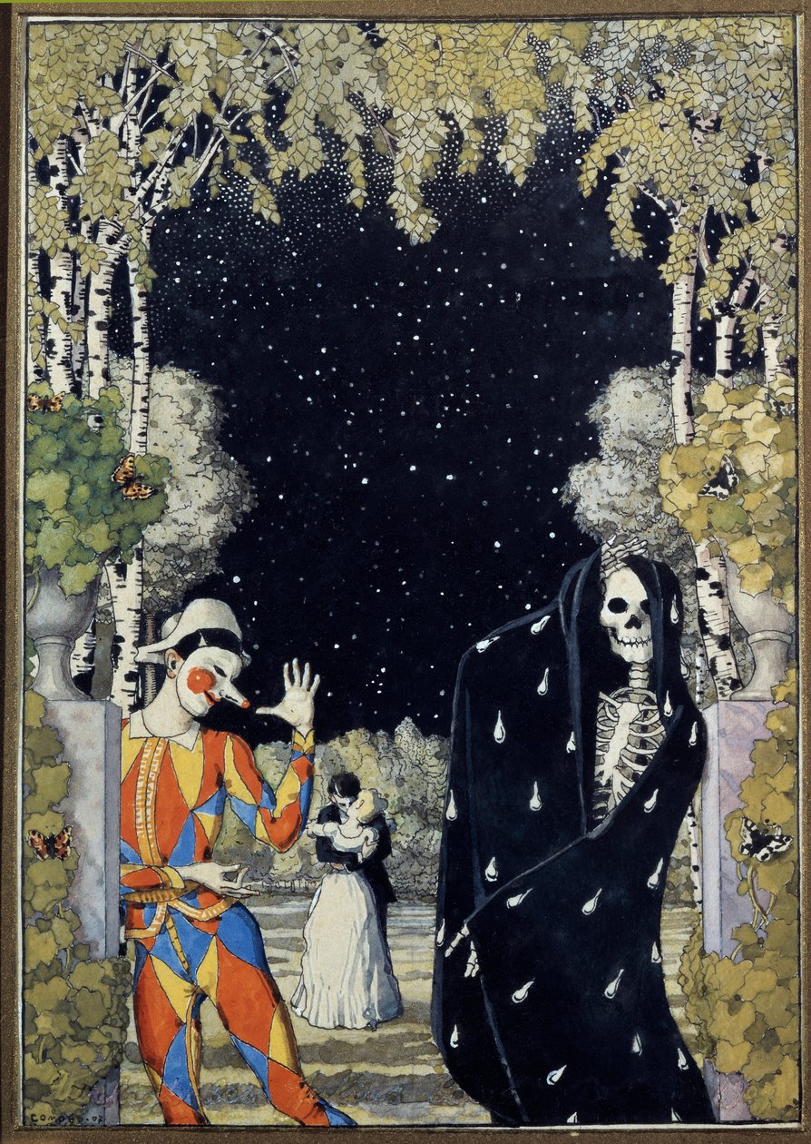 Arlequim e a Morte - Trabalho de Konstantin Andreyevich Somov (1869-1939), aguarela e guache sobre papel de Konstantin Andreevic Somov