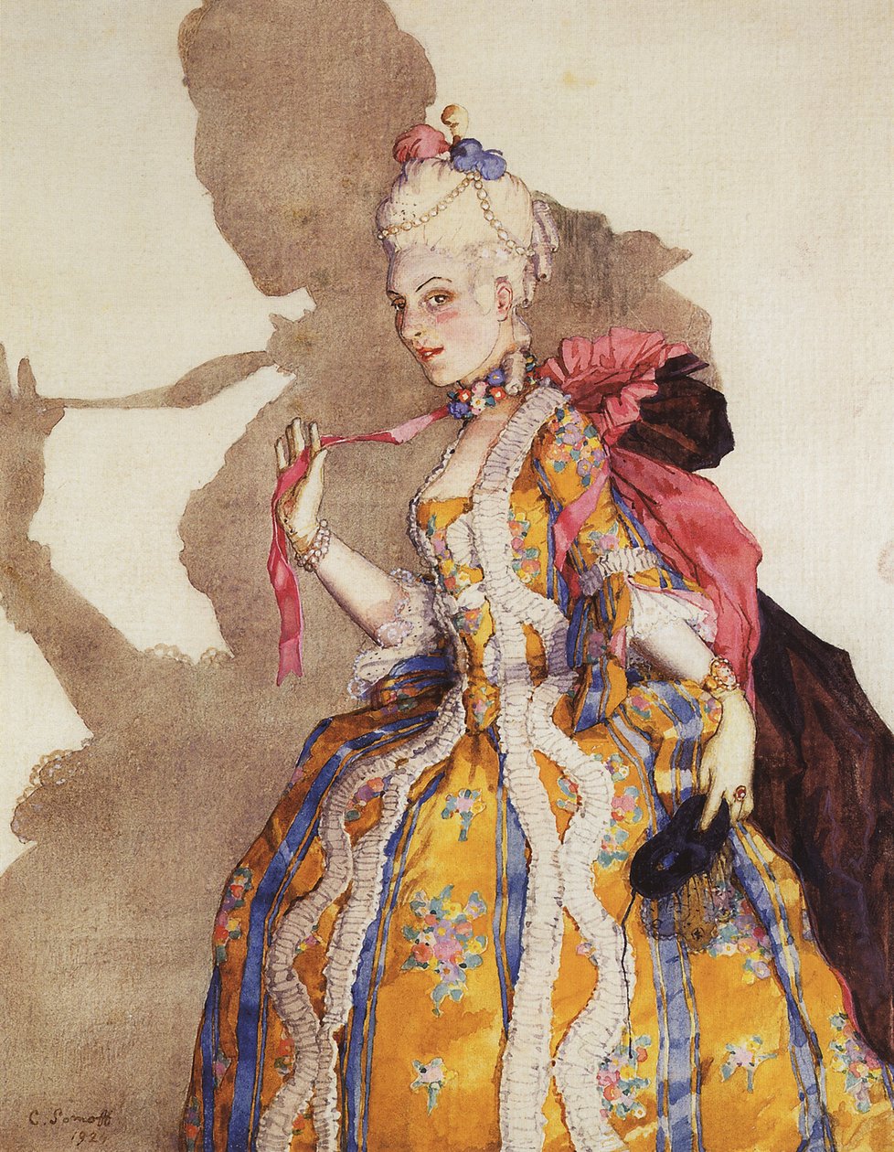 Costume pour marquise, interpretee par Tamara Karsavina (1885-1978) - Desenho do traje para Tamara Karsavina como Marquise. Música por Mozart - Konstantin Andreyevich Somov (1869-1939). Aquarela, Gouache sobre papel de Konstantin Andreevic Somov