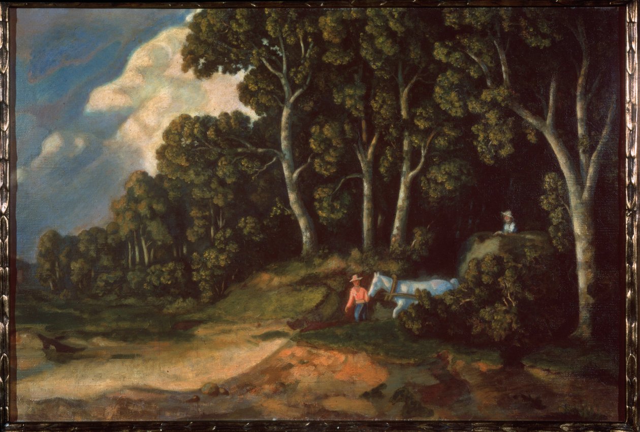 Numa floresta (camponeses conduzindo um vagão de feno para fora da estrada florestal) Pintura de Konstantin (Constantin) Andreyevich Somov (1869-1939), óleo sobre tela. Arte russa de Konstantin Andreevic Somov