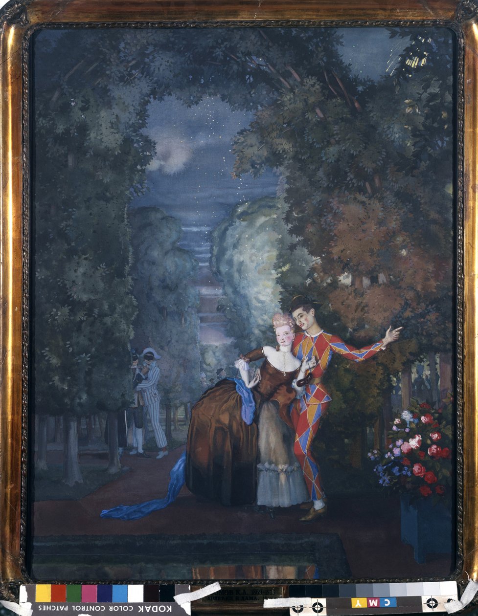 Arlequim e uma Dama, 1912 (wc e guache sobre papelão) de Konstantin Andreevic Somov