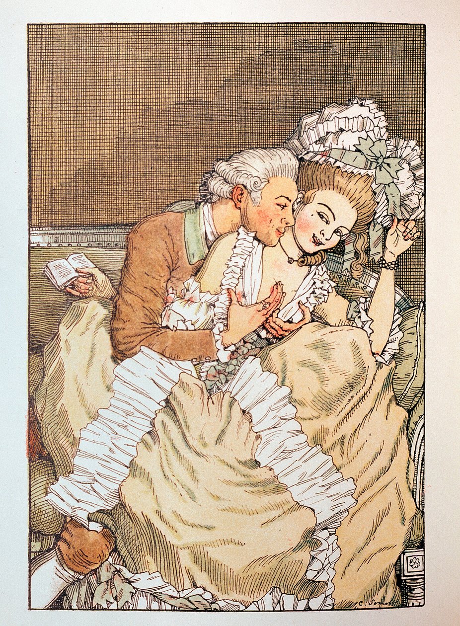Ilustração para o Livro de Marquise de Franz Blei (uma marquesa que brinca com um amante impaciente) - de Konstantin (Constantin) Andreyevich Somov (1869-1939), gravura de Konstantin Andreevic Somov