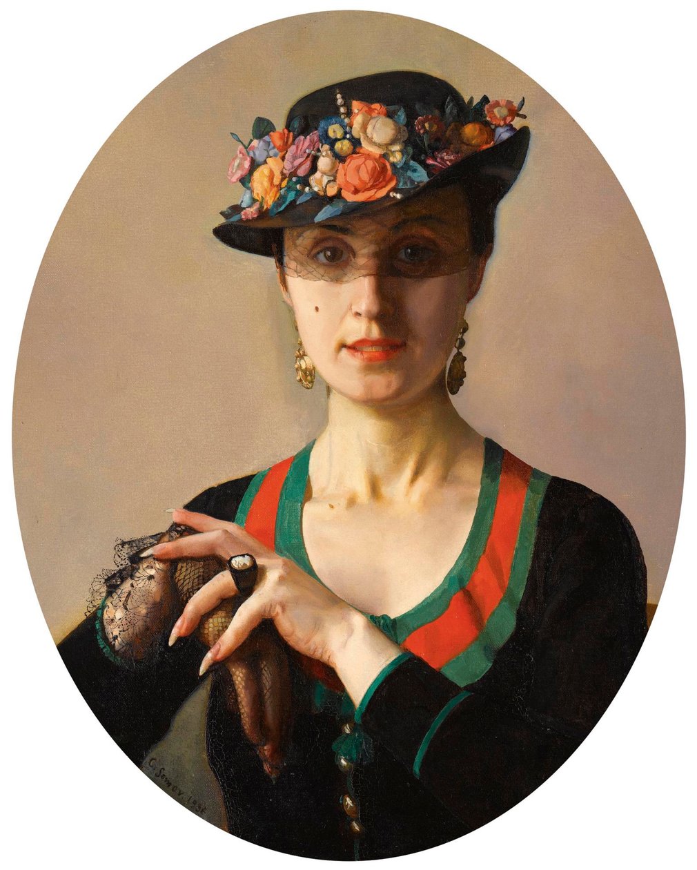"Retrato de uma Senhora" Ela está usando um chapéu florido com um véu Pintura de Konstantin Somov (1869-1939) de Konstantin Andreevic Somov