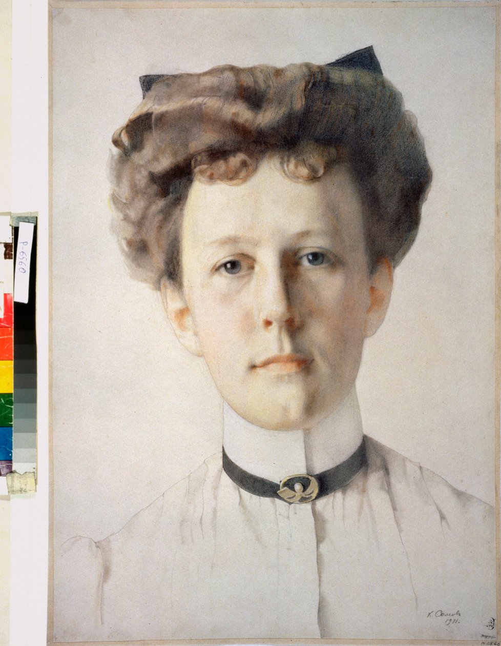 Retrato da Baronesa Alexandra Nolde (Retrato da Baronesa A Nolde) - Obra de Konstantin (Constantin) Andreyevich Somov (1869-1939), lápis de cor sobre papel de Konstantin Andreevic Somov