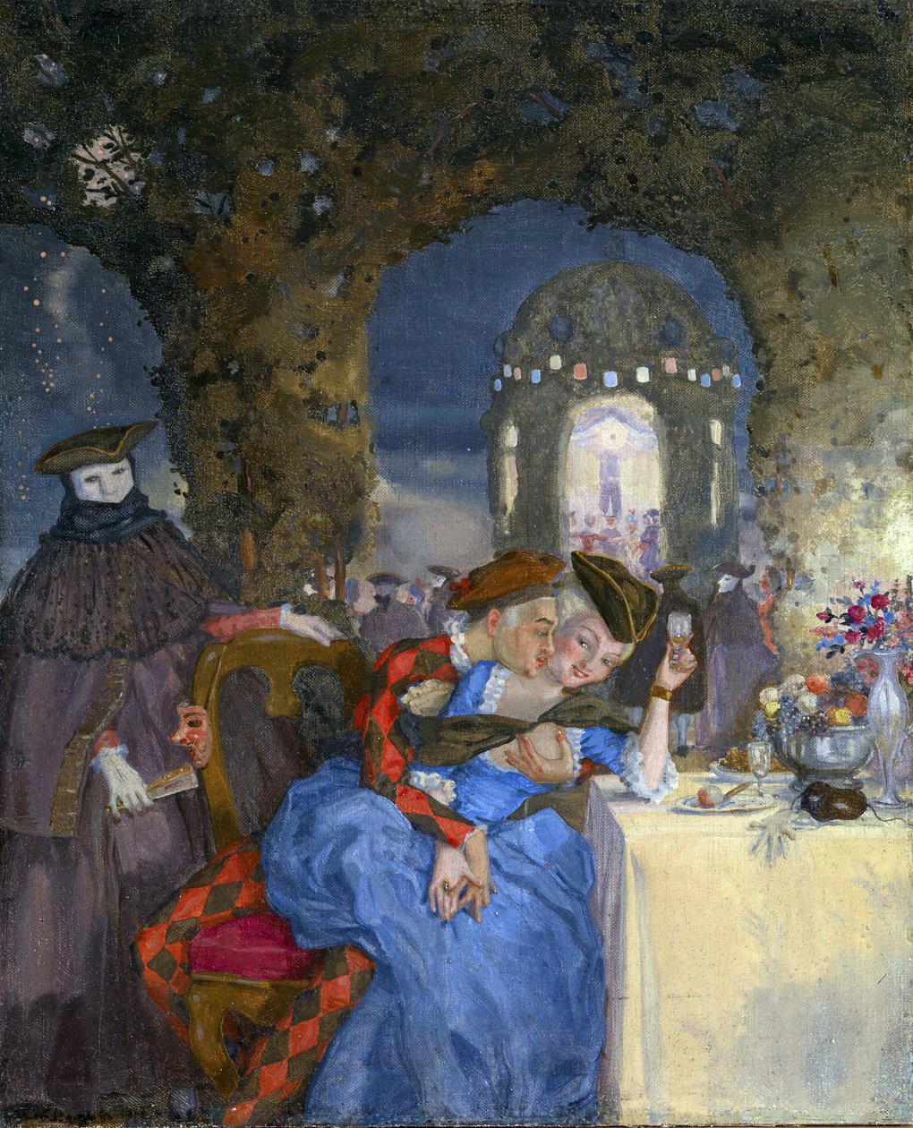 "Rendezvous" Um casal a brincar numa festa de Verão, sob o olhar de figuras mascaradas Pintura de Konstantin Somov (1869-1939) - cerca de 1918 - Óleo sobre tela Dim 27x22 cm Colecção Privada de Konstantin Andreevic Somov