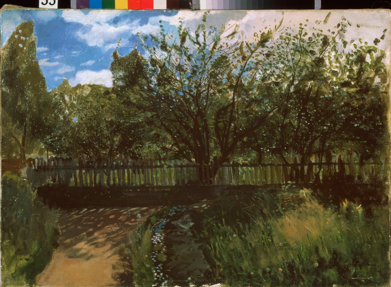 Um pequeno jardim. Pintura de Konstantin (Constantin) Andreyevich Somov (1869-1939), óleo sobre tela de Konstantin Andreevic Somov