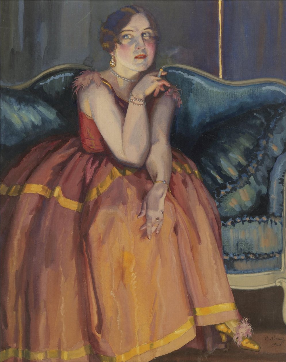 Mulher fumando um cigarro em um sofá de Konstantin Andreevic Somov