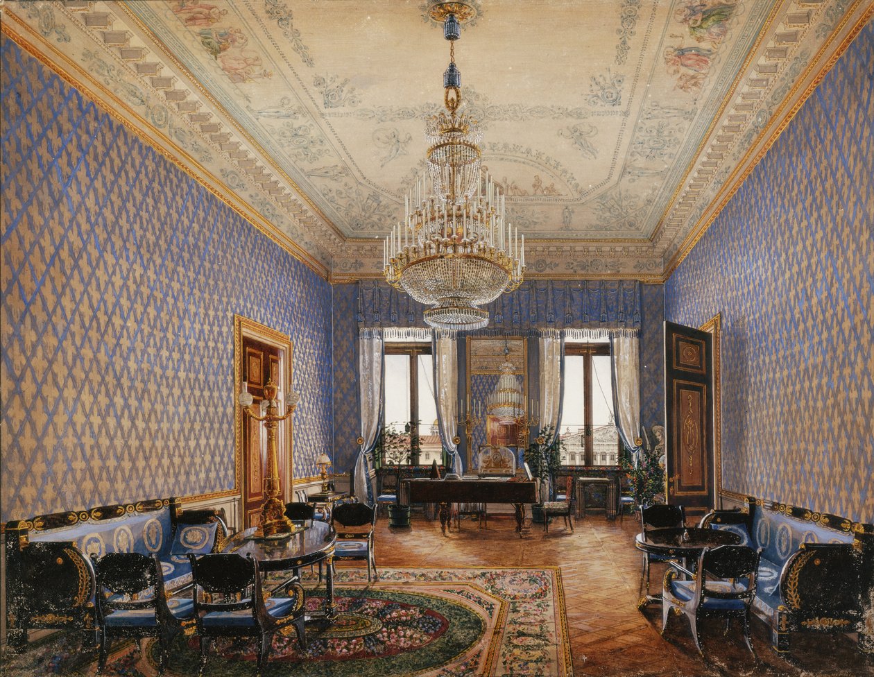 Interiores do Palácio de inverno. A sala de estar da grande princesa Maria Nikolayevna, 1837 de Konstantin Andreyevich Ukhtomsky