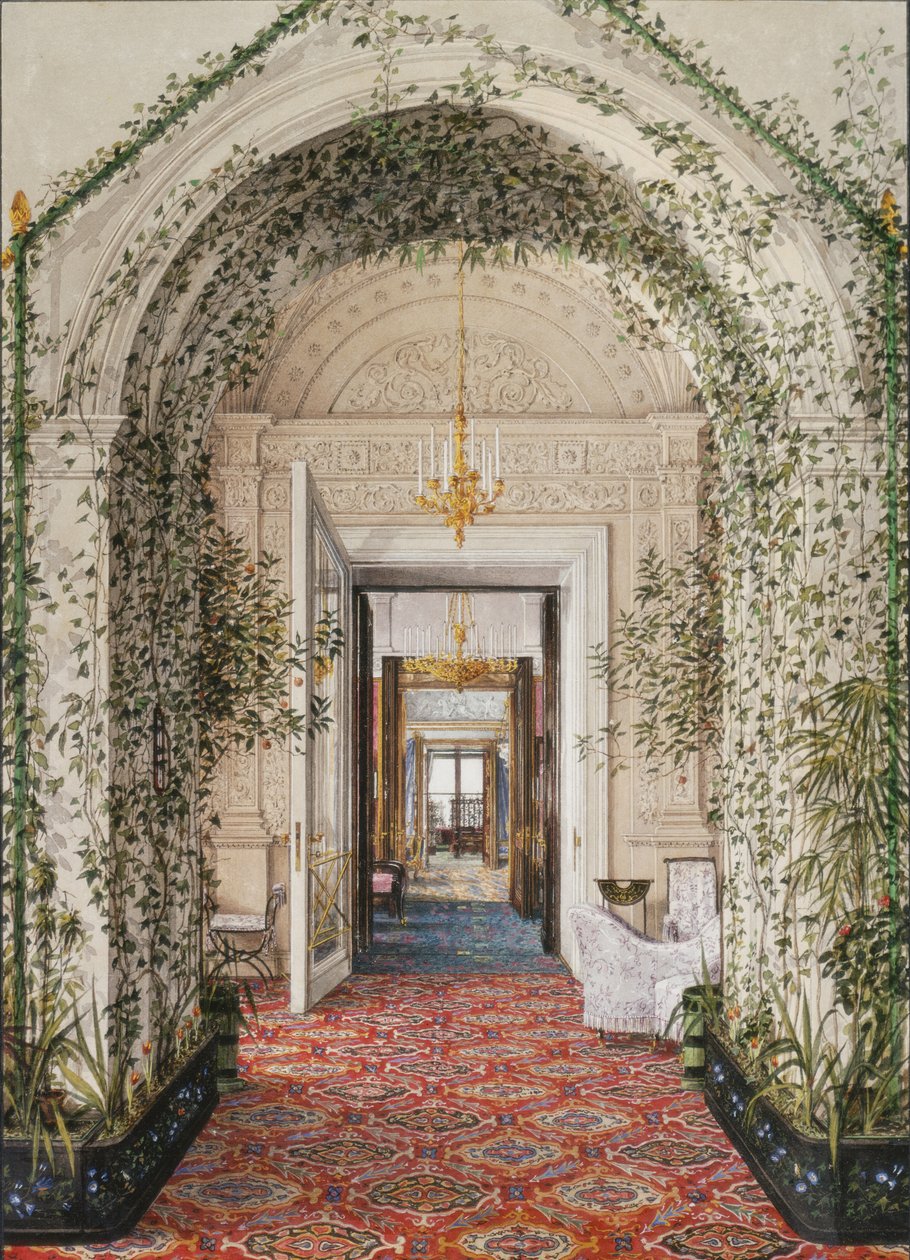 Interiores do Palácio de inverno. O pequeno jardim de inverno nos apartamentos de Alexandra Fyodorovna, em meados do século XIX. de Konstantin Andreyevich Ukhtomsky