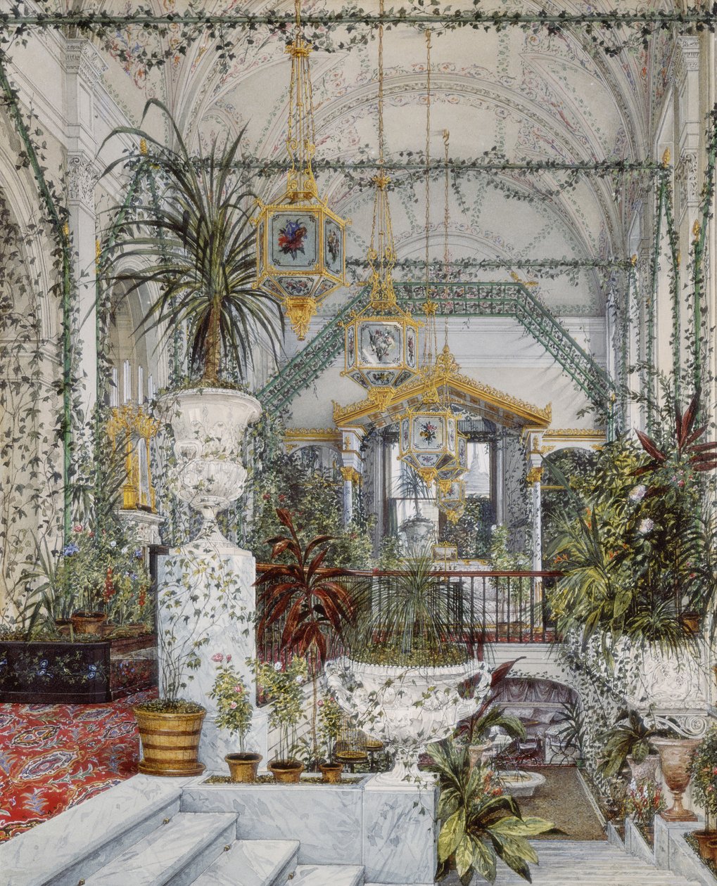 Interiores do Palácio de inverno. O jardim de inverno da imperatriz Alexandra Fyodorovna, 1860 de Konstantin Andreyevich Ukhtomsky