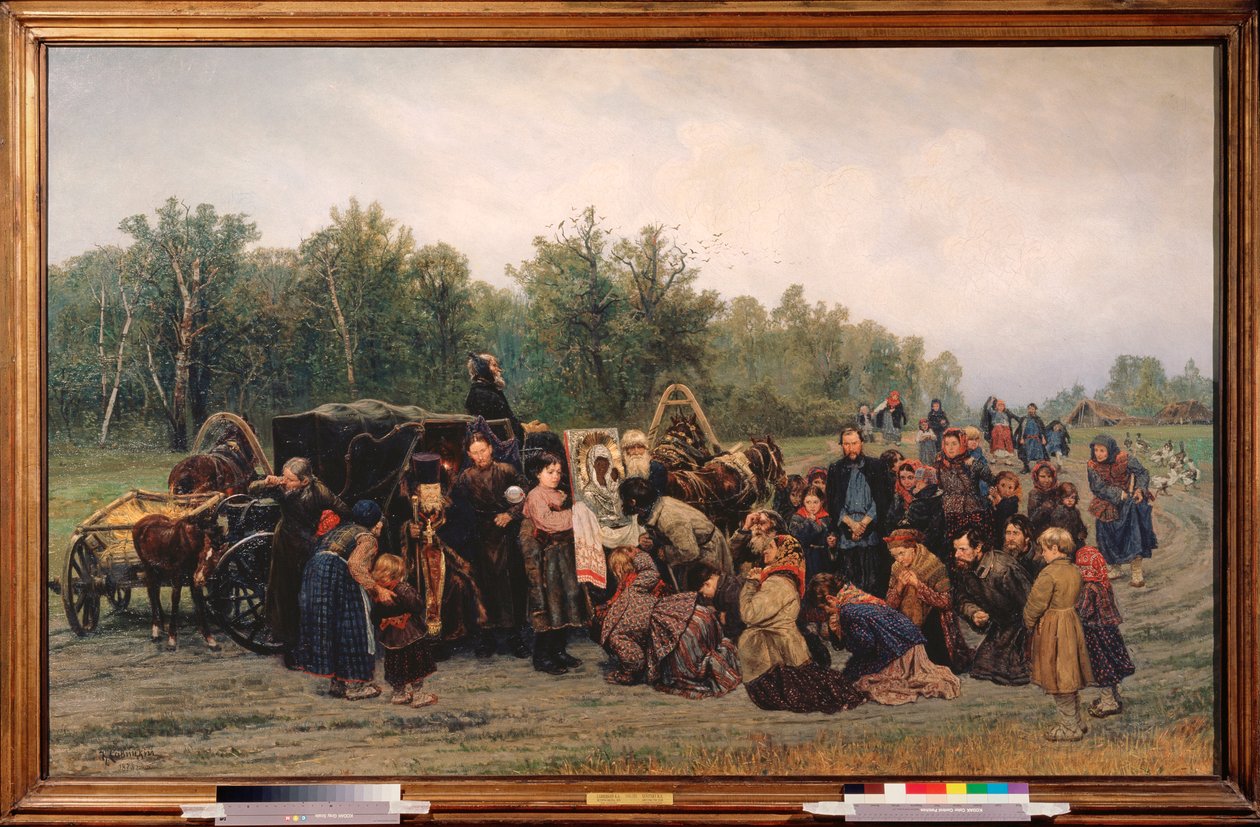 Chegada de um ícone (Em uma estrada rural, os aldeões correm para ver e se ajoelham em frente à pintura, trazida por um padre ortodoxo) - Pintura de Konstantin Apollonovich Savitsky (1844-1905), óleo sobre tela de Konstantin Apollonovich Savitsky