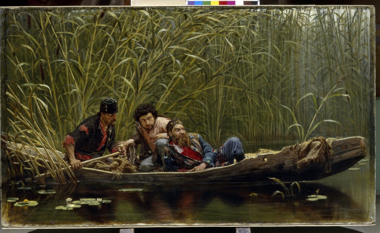 Os Homens Semeadores. Descrição de três contrabandistas, discretamente à espera num barco camuflado entre os canaviais. Pintura de Konstantin Apollonovich Savitsky (1844-1905), óleo sobre tela de Konstantin Apollonovich Savitsky