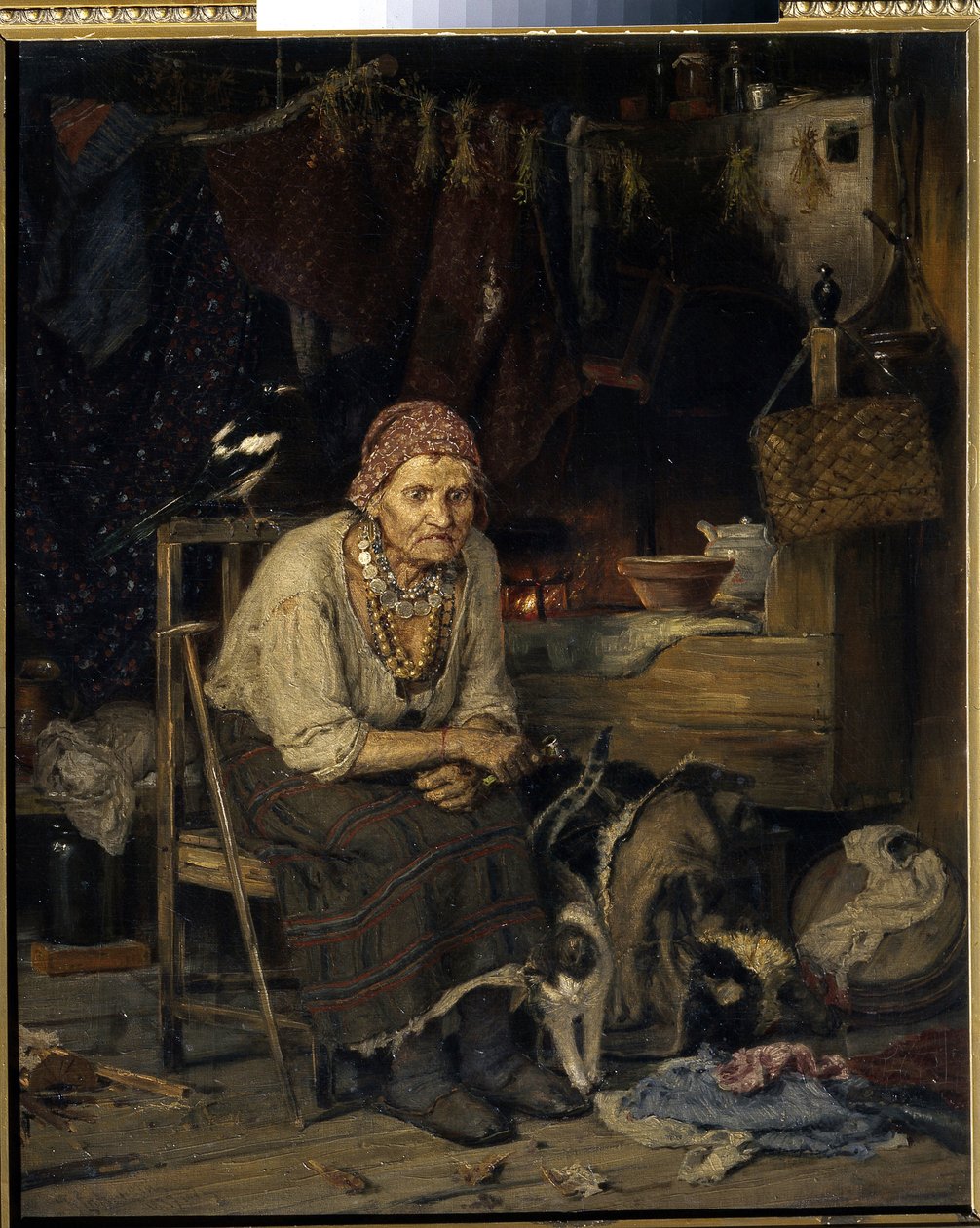 Uma bruxa. Pintura de Konstantin Apollonovich Savitsky (1844-1905), óleo sobre tela de Konstantin Apollonovich Savitsky