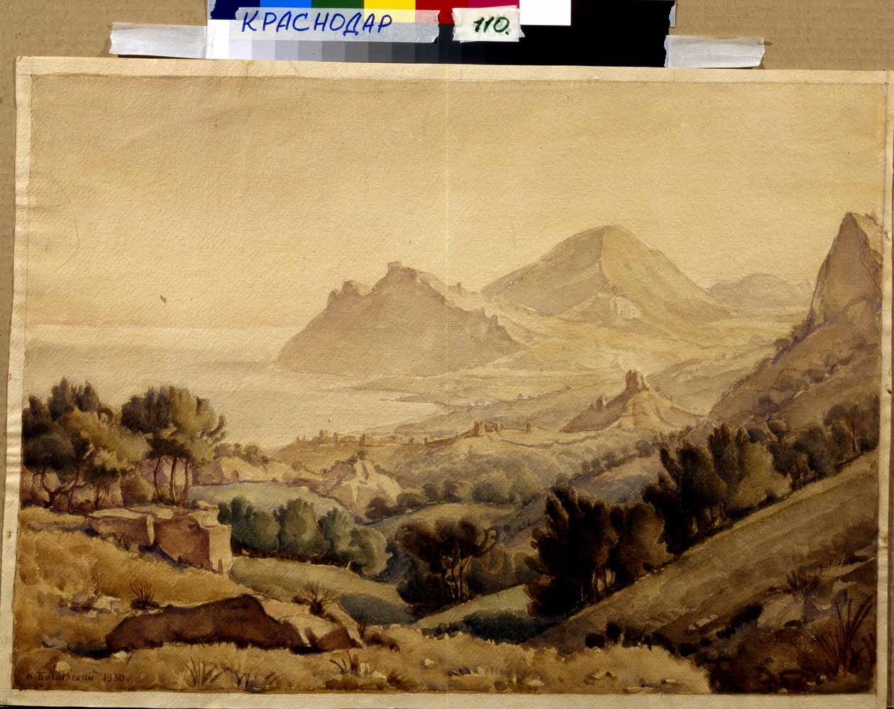 ""Paisagem de montanhas e ruínas de uma cidade"" (Cidade antiga) Pintura de Konstantin Bogayevsky (1872-1943) Dim 46x64 cm F Museu de Arte Kovalenko, Krasnodar de Konstantin Bogayevsky