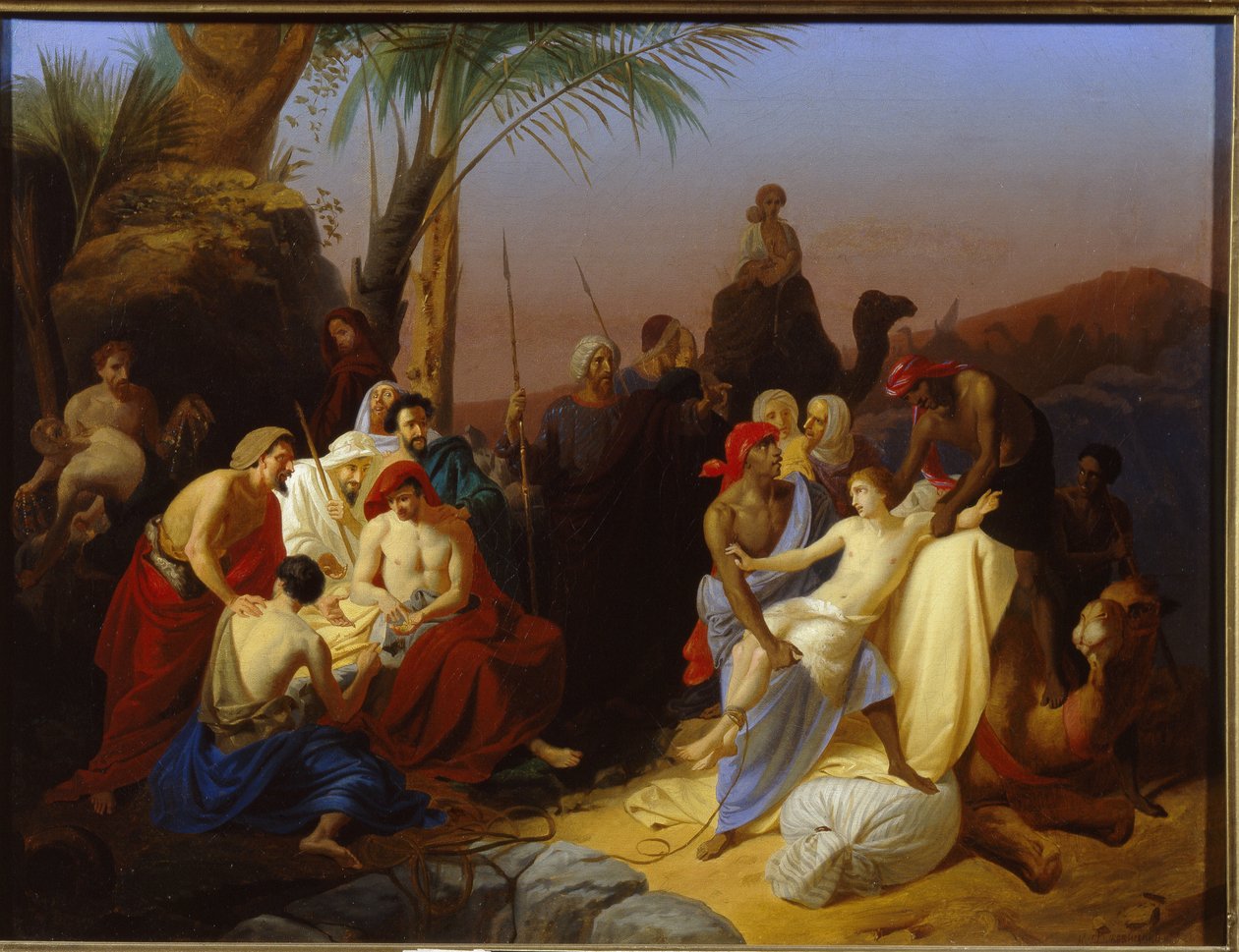 A venda de José. (Episódio do Gênesis, quando José é vendido por seus irmãos a traficantes de escravos. Pintura de Konstantin Dmitrievich Flavitsky (1830-1866), óleo sobre tela de Konstantin Dmitrievich Flavitsky