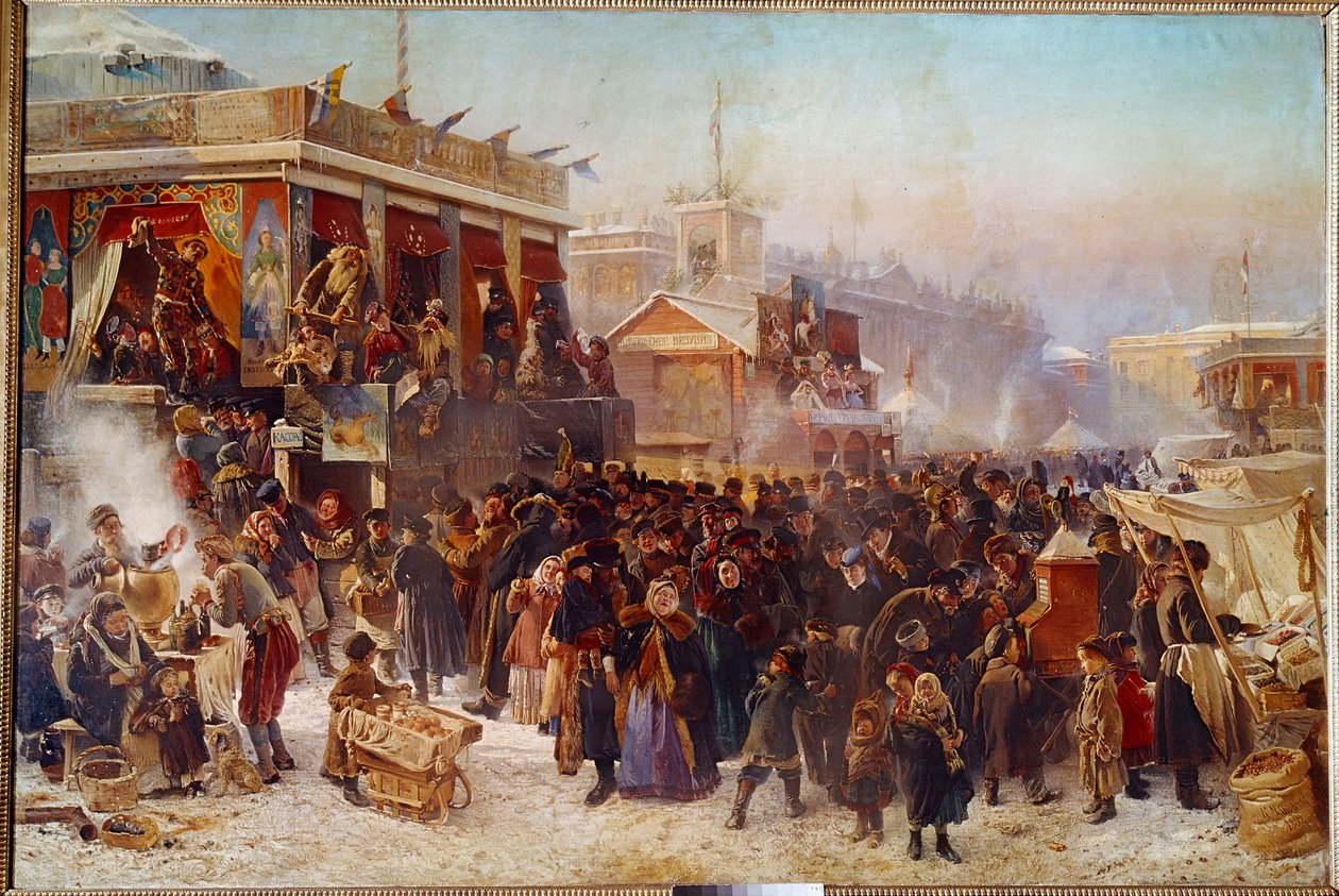 Baladas na Praça Admiraut, em St. Petersburg Street Theatre Show. Pintura de Constantine Makovsky (Makovsky) (1839-1915) (ec.rus.) 1869 Moscou, Galeria Tretyakov de Konstantin Egorovich Makovsky