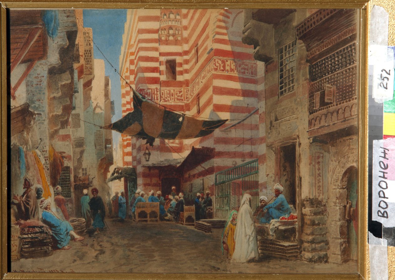 Nas ruas do Cairo (Egipto). Trabalho de Konstantin Yegorovich Makovsky (Constantin Makovski) (1839-1915), trabalho sobre papel de Konstantin Egorovich Makovsky