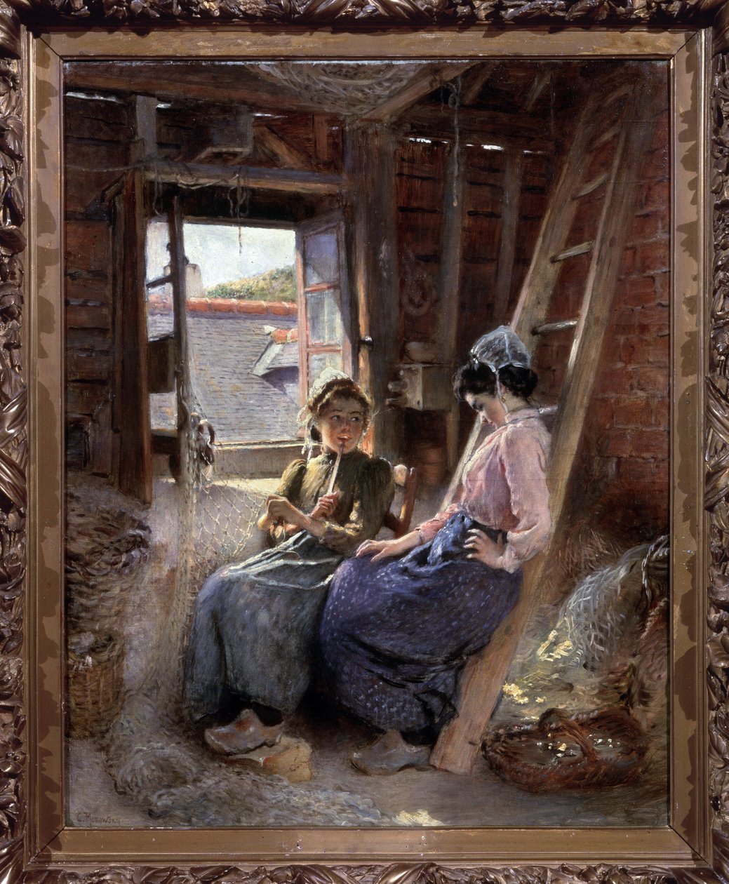 Dois Bretões (Dois Bretões). Esposas de pescadores, em trajes típicos, relaxam e conversam num sótão onde se guardam redes e cestos de pesca, com a janela escancarada a deixar entrar um raio de sol. Pintura de Konstantin Y de Konstantin Egorovich Makovsky