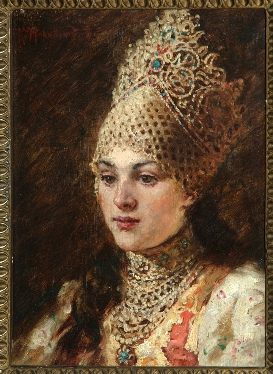 Femme boyard (boiard, boiar) - Peinture de Konstantin Yegorovich Makovsky (Constantin Makovski) (1839-1915), huile sur toile, vers 1890 - (Esposa de Boyar, Óleo sobre tela de Konstantin Yegorovich Makovsky de Konstantin Egorovich Makovsky