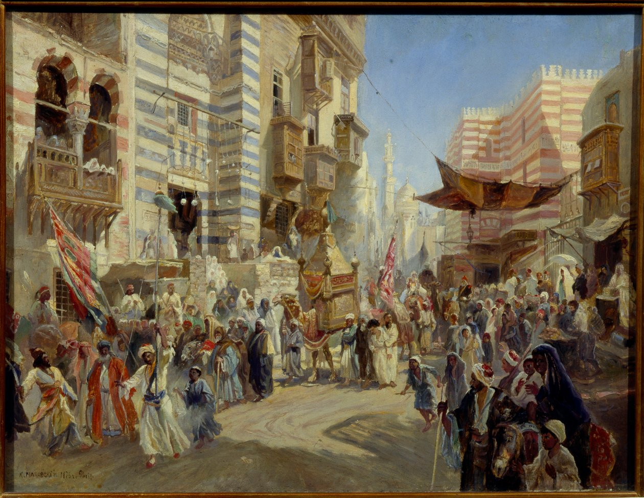 Fete musulmane : la procession du tapis sacre dans les rues du Caire en Egypte (A Entrega do Tapete Sagrado no Cairo) - Óleo sobre tela de Konstantin Yegorovich Makovsky (Constantin Makovski) (1839-1915) de Konstantin Egorovich Makovsky
