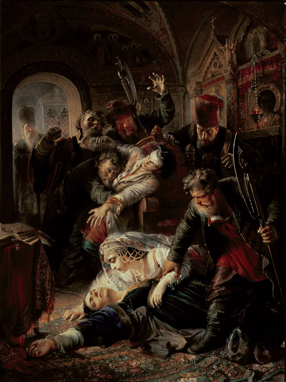 Assassinos contratados a matar o Filho de Tzar Boris Fyodorevich Godunov de Konstantin Egorovich Makovsky