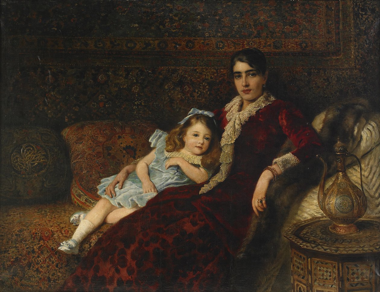 Interior com mãe e filha, 1884 de Konstantin Egorovich Makovsky