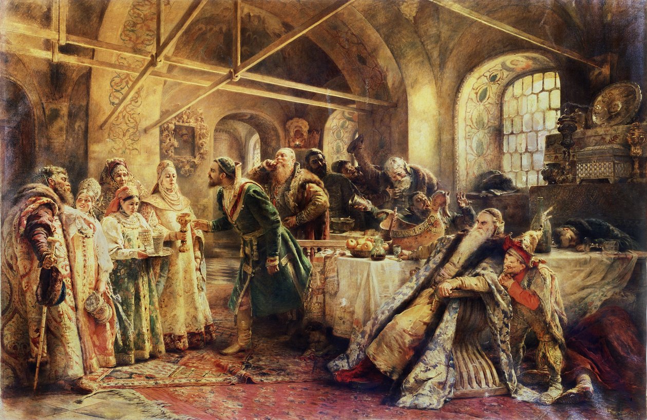 A Cerimônia do Beijo - Na época do domostroy, no Grão-Ducado de Moscou, um Boyar (boiard, boiar) escolhe sua futura esposa, os candidatos estão vestidos com o vestido sarafan e o tradicional cocar, o kokochnik - Pintura de de Konstantin Egorovich Makovsky